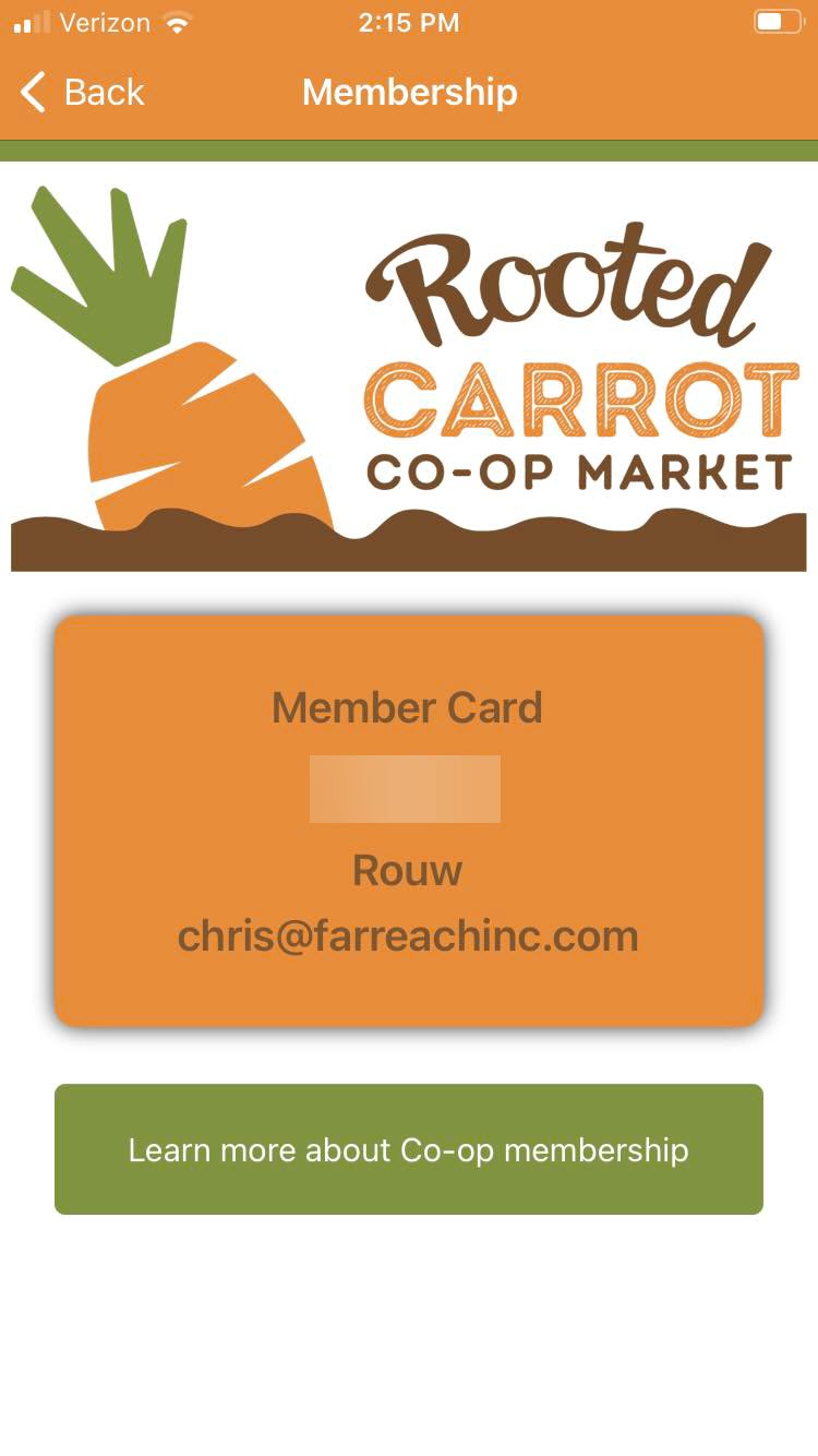 Rooted Carrot mobile app membership card